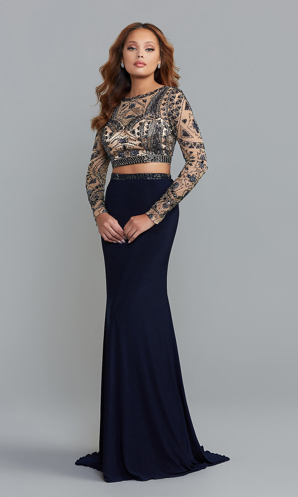 Long Navy Two-Piece Beaded Crop-Top Prom Dress