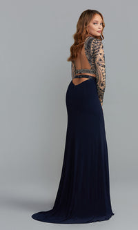 Long Navy Two-Piece Beaded Crop-Top Prom Dress
