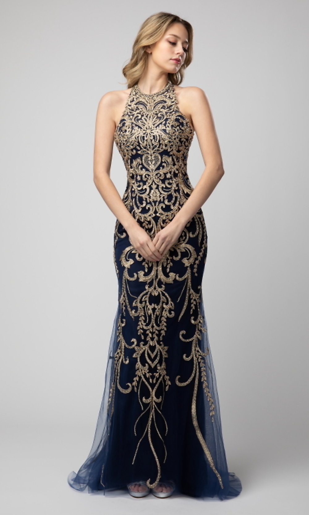 Shail K-Embroidered High-Neck Shail K Long Prom Dress