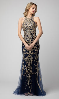 Shail K-Embroidered High-Neck Shail K Long Prom Dress