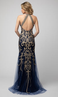 Shail K-Embroidered High-Neck Shail K Long Prom Dress