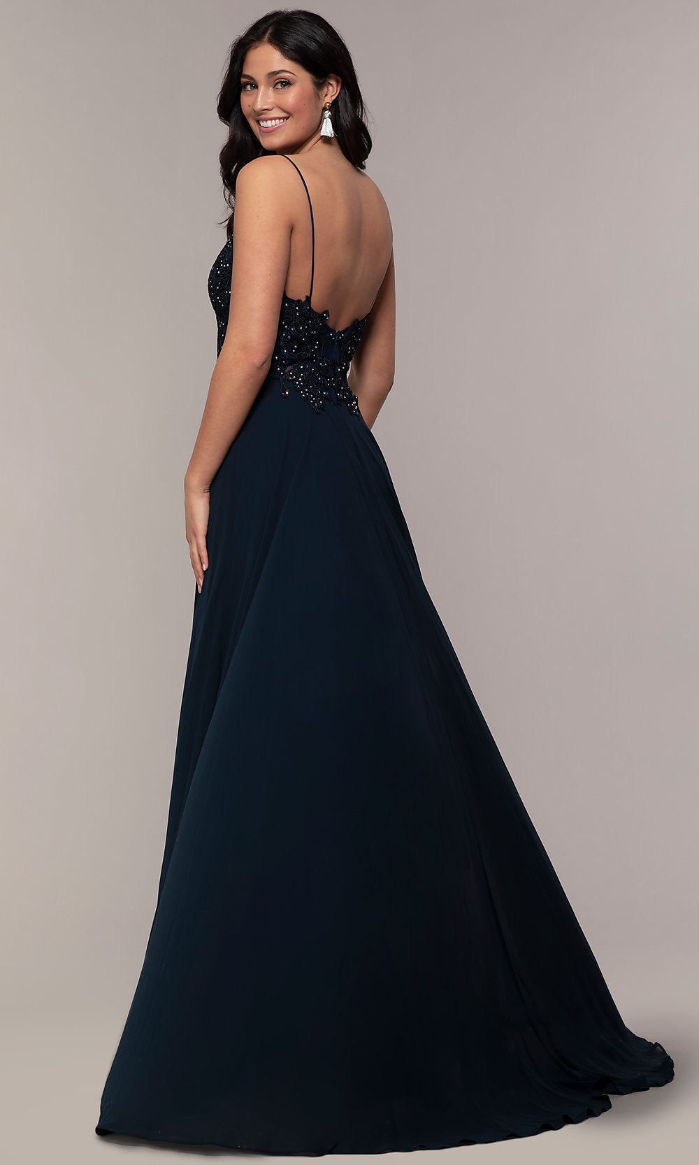 Zoey Grey Private Label-Long V-Neck Open-Back Chiffon Prom Dress by PromGirl