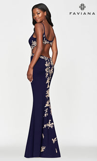 Faviana-Faviana Long Navy Blue Prom Dress with Gold Beads