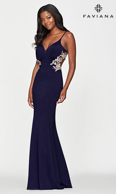 Gold-Beaded Long Navy Faviana Prom Dress