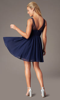 Maniju Private Label-Short Navy Chiffon V-Neck Hoco Dress by PromGirl