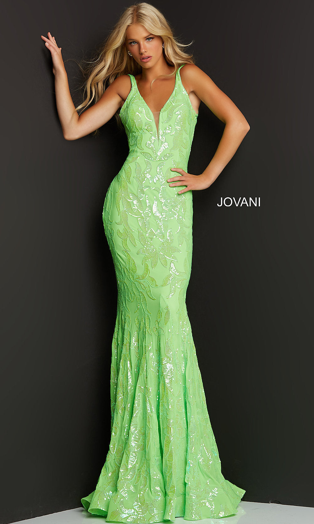 Long Jovani Designer Prom Dress with Sequins -PromGirl Neon Green / 12 Long Jovani Designer Prom Dress with Sequins -PromGirl Neon Green / 12