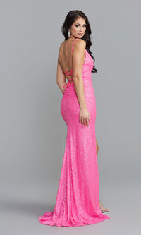 Neon Hot Pink Ava Presley Long Sequin Prom Dress