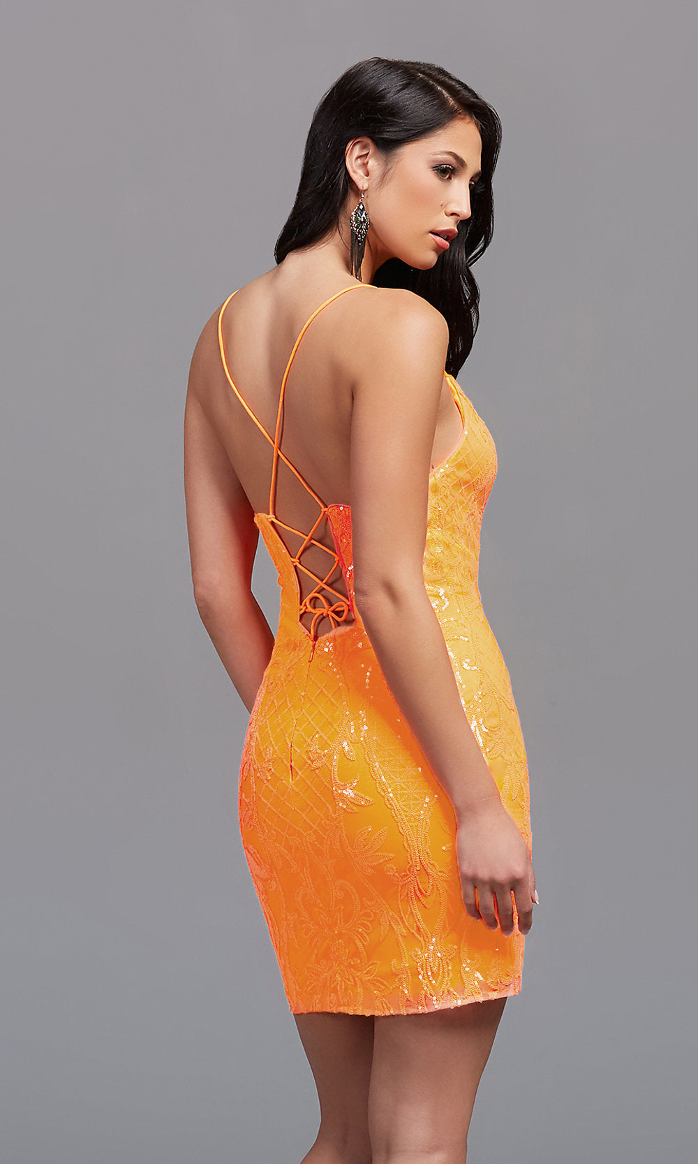 PromGirl Neon Orange Short Sequin Homecoming Dress