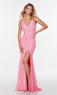 Alyce-Neon Pink Faux-Wrap Long Sequin Prom Dress