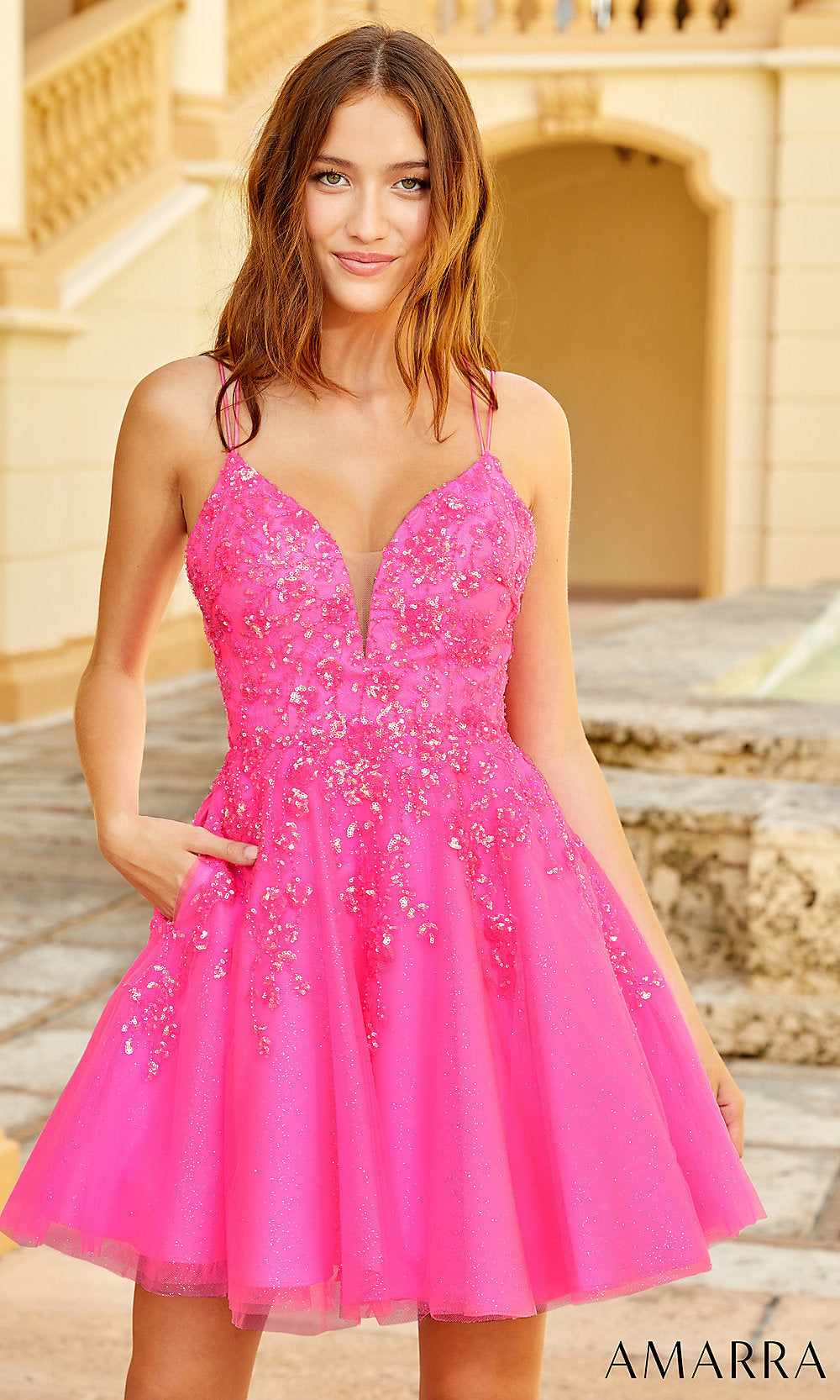 Pink Short Dress with Pockets PromGirl