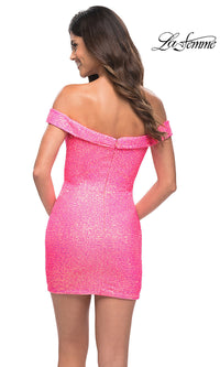 La Femme-Neon Pink Sequin Off-the-Shoulder Homecoming Dress