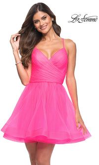 La Femme-Neon Pink La Femme Short Babydoll Homecoming Dress