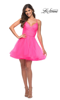 La Femme-Neon Pink La Femme Short Babydoll Homecoming Dress