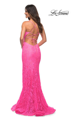 La Femme-La Femme Stretch Lace Long Strappy-Back Prom Dress