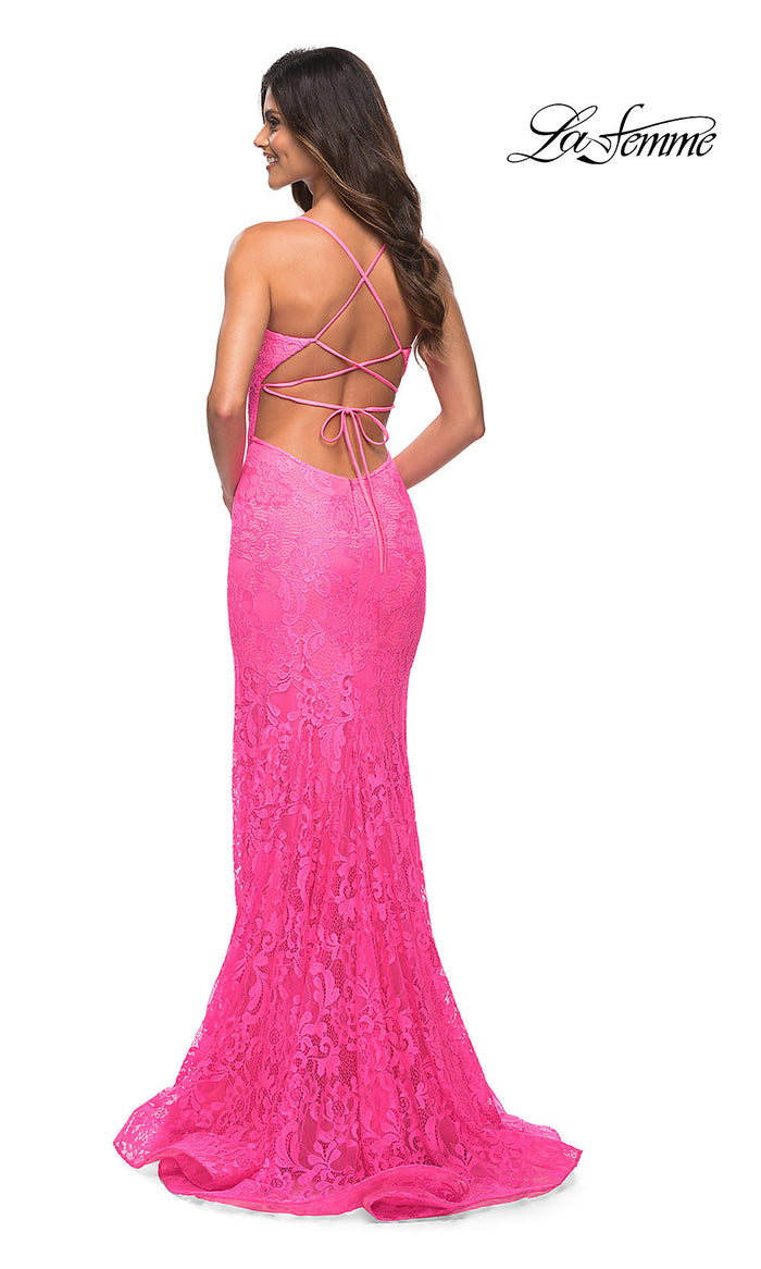 La Femme Stretch Lace Long Strappy-Back Prom Dress