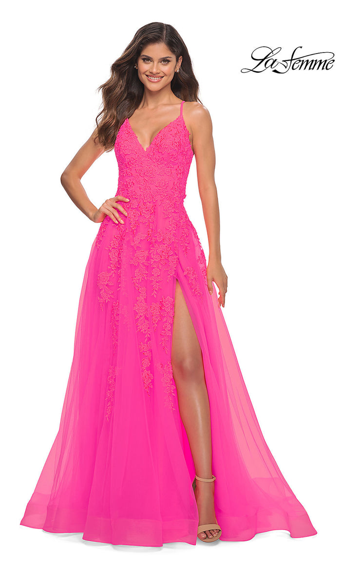 La Femme Neon Pink Long Embroidered Prom Dress