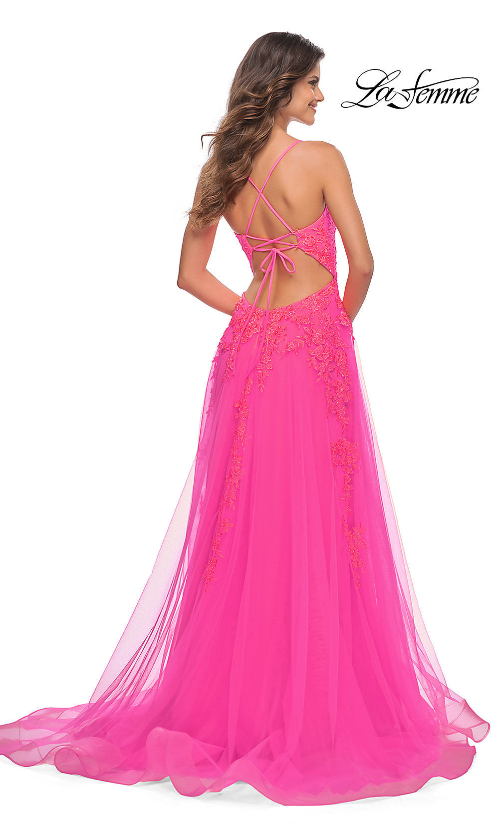 La Femme Neon Pink Long Embroidered Prom Dress