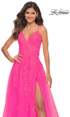 La Femme-La Femme Neon Pink Long Embroidered Prom Dress