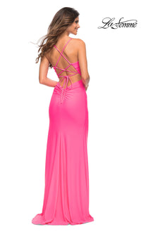 La Femme Strappy-Back Long Jersey Prom Dress