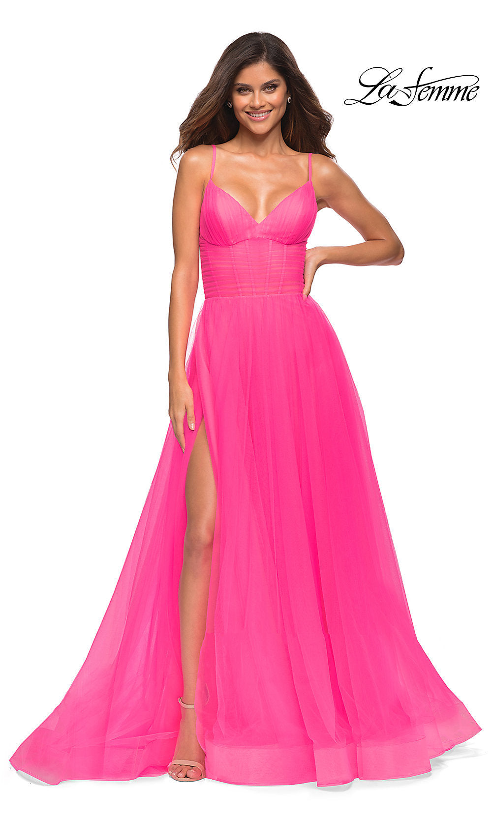 La Femme Long Neon Pink Prom Ball Gown with Pockets