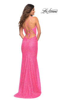 La Femme Tight Long Sequin Prom Dress in Neon Pink