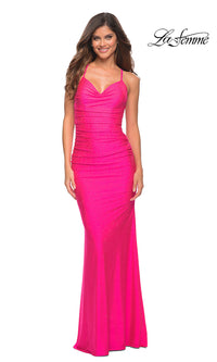 La Femme Beaded Neon Pink Long Prom Dress