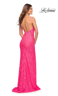 La Femme-V-Neck Long Neon Pink Lace Prom Dress by La Femme