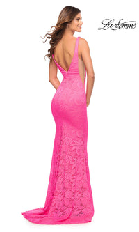 Long La Femme Neon Pink Lace Prom Dress