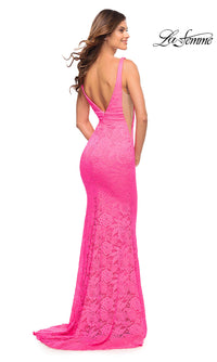 La Femme-Long La Femme Neon Pink Lace Prom Dress