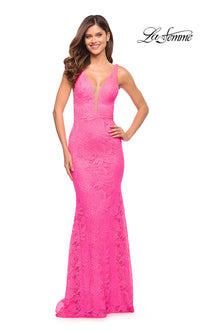 La Femme-Long La Femme Neon Pink Lace Prom Dress