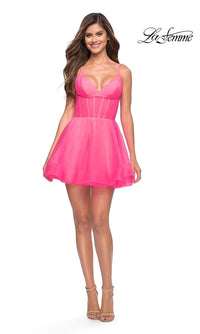 La Femme-Bright Neon Pink Short La Femme Homecoming Dress