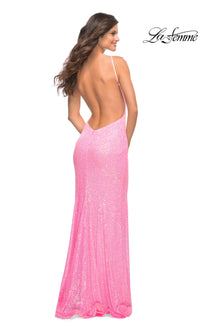 La Femme High-Neck Long Pink Sequin Prom Dress