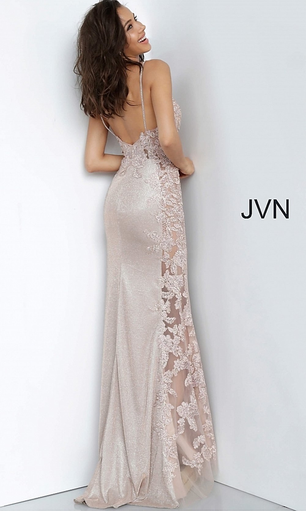 JVN by Jovani Sheer-Panel Long Glitter Prom Dress