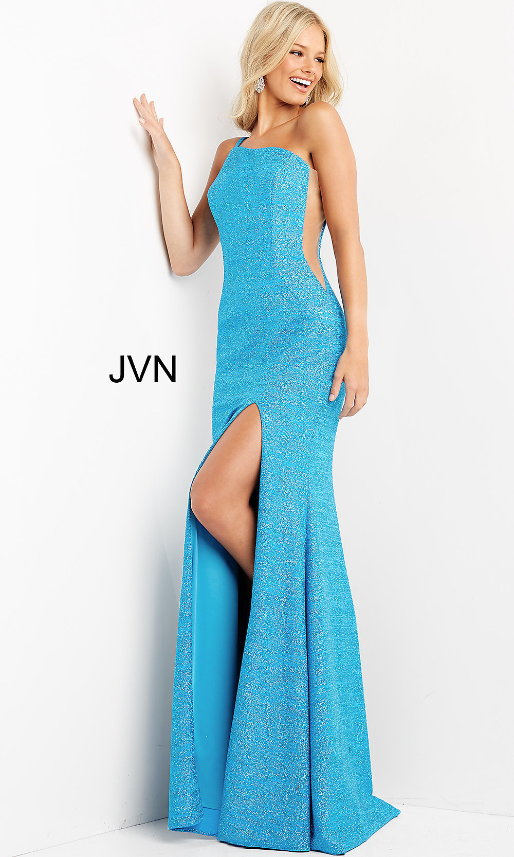 JVN by Jovani Sparkly One-Shoulder Long Prom Dress