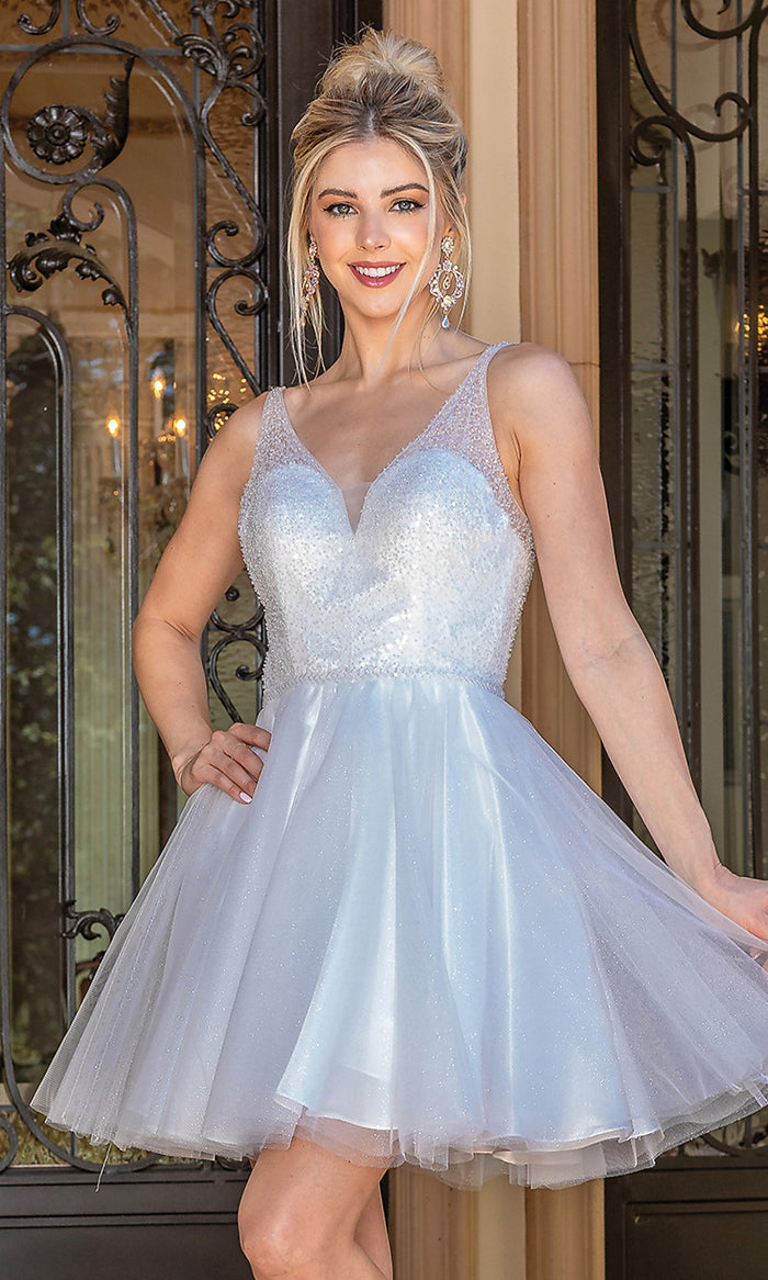 Sleeveless Sequin-Bodice Short Glitter Prom Dress