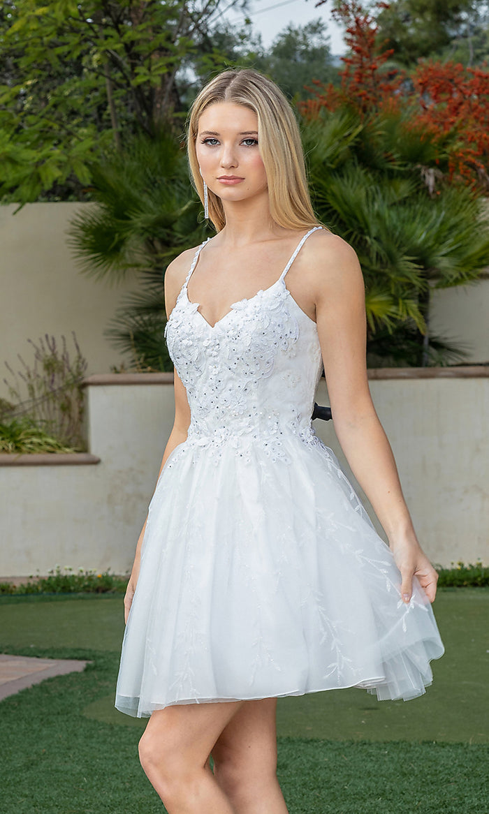 Embroidered Babydoll Short Glitter Prom Dress