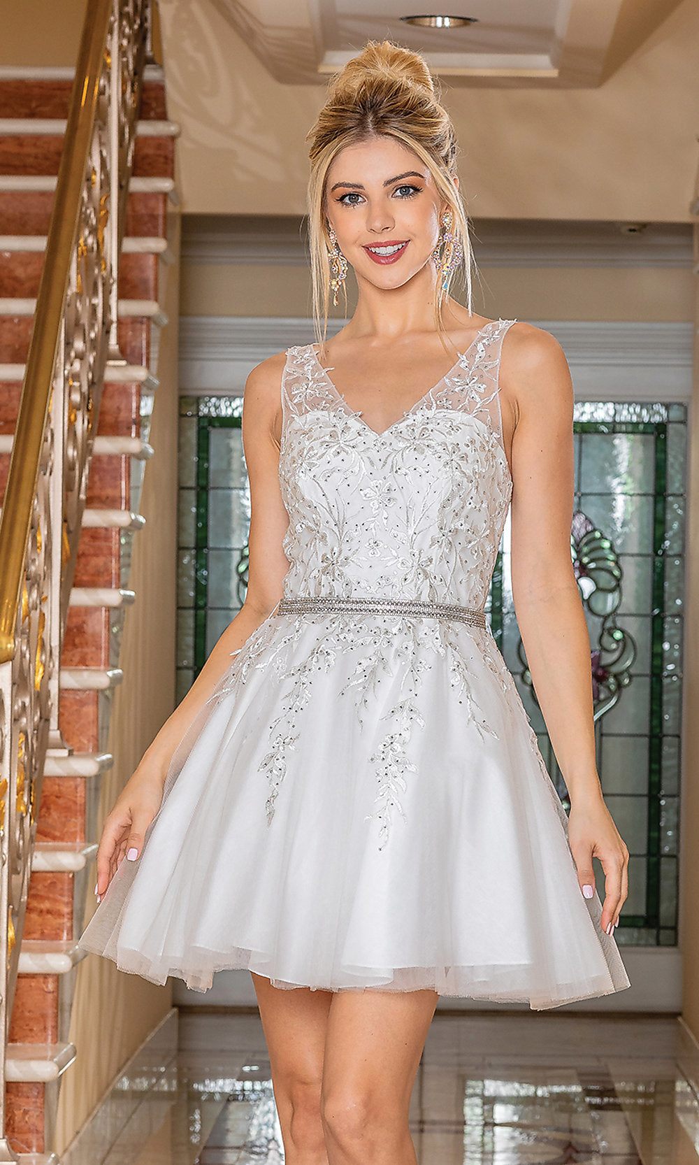 Short Prom Dress with Embroidered Sheer Bodice Off White / XSmall Short Prom Dress with Embroidered Sheer Bodice Off White / XSmall