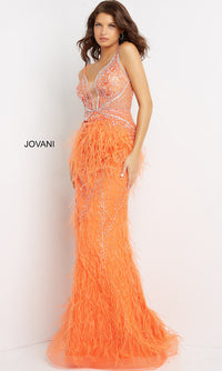 Jovani-Jovani Sheer-Bodice Long Prom Dress with Feathers