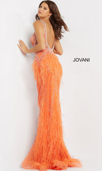 Jovani-Jovani Sheer-Bodice Long Prom Dress with Feathers