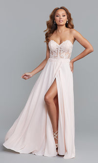 Sheer-Bodice Long PromGirl Sweetheart Prom Dress