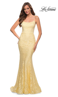 La Femme-Corset-Back Floral-Lace Long La Femme Prom Dress