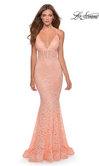 La Femme-La Femme Sheer-Waist Long Sequin-Lace Prom Dress