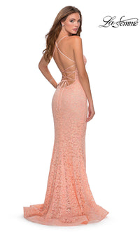 La Femme-La Femme Sheer-Waist Long Sequin-Lace Prom Dress