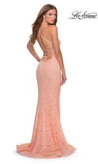 La Femme Sheer-Waist Long Sequin-Lace Prom Dress