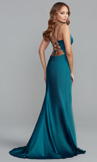 Promgirl Private Label-PromGirl Corset-Back Long Peacock Blue Prom Dress