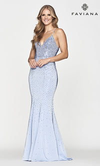 Long Faviana Beaded Mermaid Light Blue Prom Dress