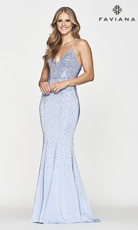 Faviana-Long Faviana Beaded Mermaid Light Blue Prom Dress