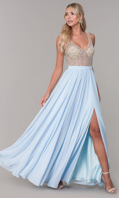 Dancing Queen-Long Illusion-Beaded-Bodice V-Neck Prom Dress