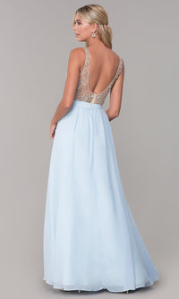 Dancing Queen-Long Illusion-Beaded-Bodice V-Neck Prom Dress