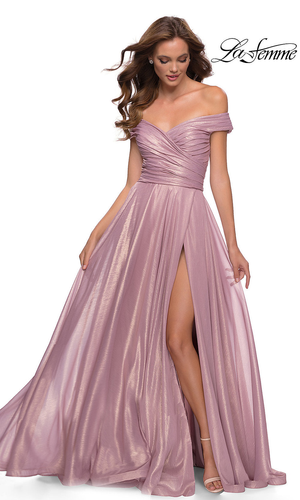 Pink Metallic Off-the-Shoulder La Femme Prom Dress